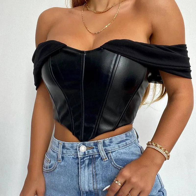 CHRONSTYLE Women Tube Top Cropped Vest 2024 Sleeveless PU Leather Back Zipper Exposed Navel Mesh Yarn Sleeve Suspender Tank C