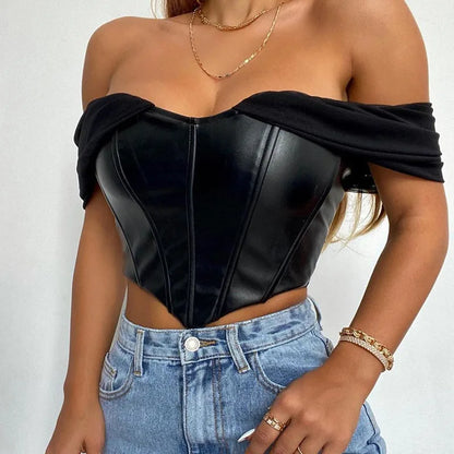 CHRONSTYLE Women Tube Top Cropped Vest 2024 Sleeveless PU Leather Back Zipper Exposed Navel Mesh Yarn Sleeve Suspender Tank C