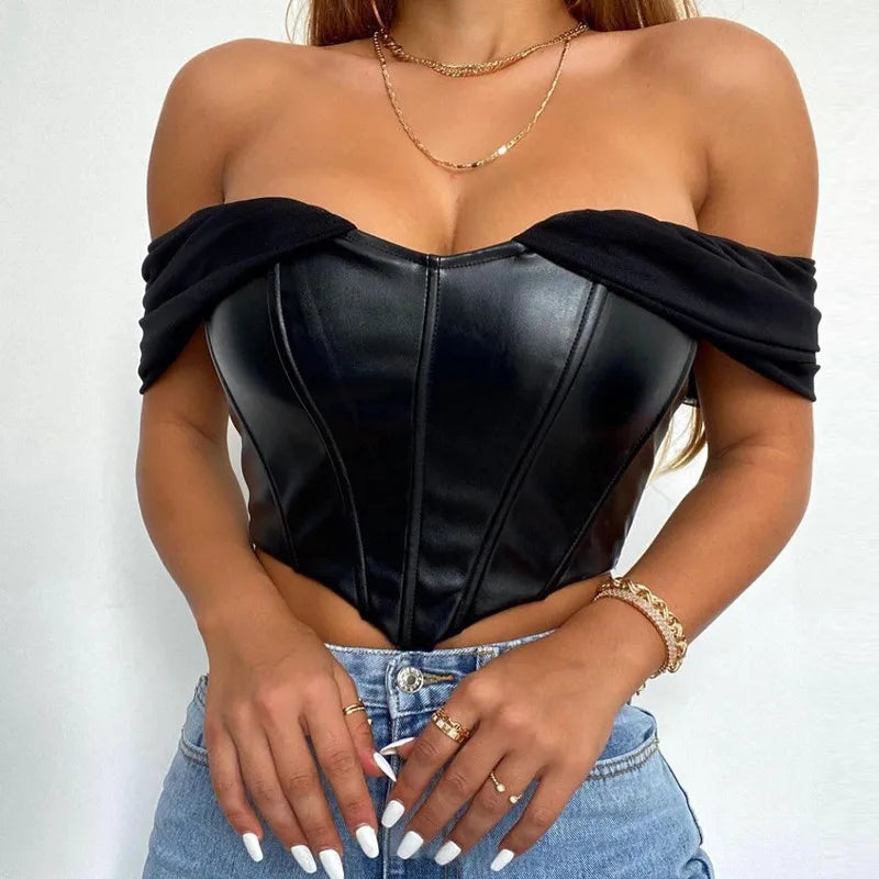 CHRONSTYLE Women Tube Top Cropped Vest 2024 Sleeveless PU Leather Back Zipper Exposed Navel Mesh Yarn Sleeve Suspender Tank C