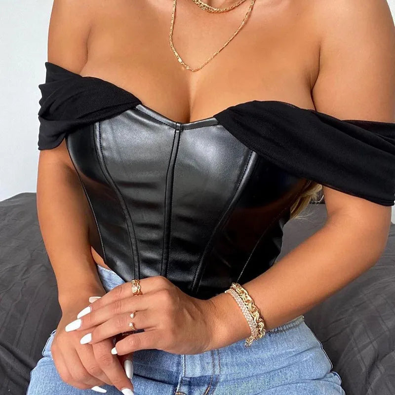 CHRONSTYLE Women Tube Top Cropped Vest 2024 Sleeveless PU Leather Back Zipper Exposed Navel Mesh Yarn Sleeve Suspender Tank C