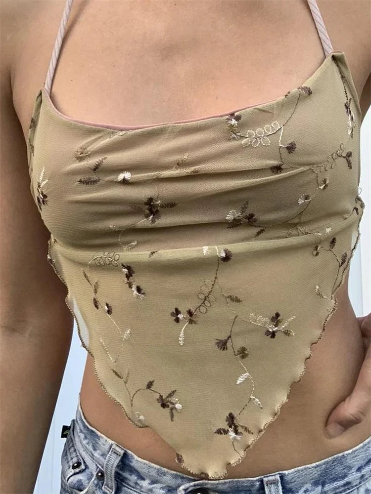 Y2K Backless Floral Retro Halter Tie Up Off Shoulder Summer Cute Mini Vest Streetwear 2024 Crop Top