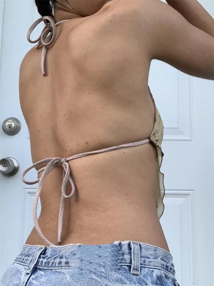 Y2K Backless Floral Retro Halter Tie Up Off Shoulder Summer Cute Mini Vest Streetwear 2024 Crop Top