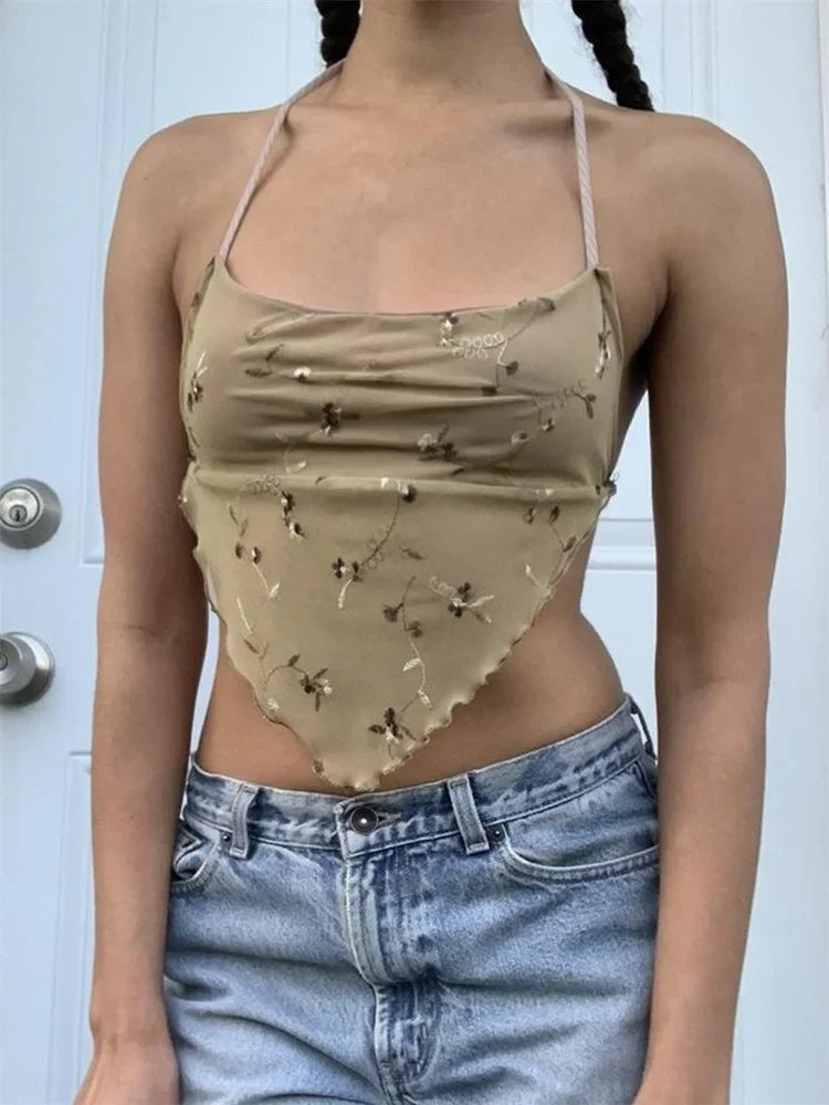 Y2K Backless Floral Retro Halter Tie Up Off Shoulder Summer Cute Mini Vest Streetwear 2024 Crop Top