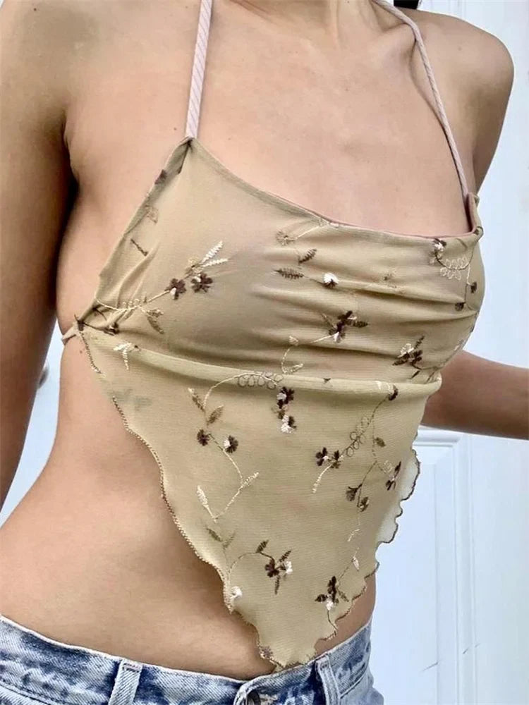 Y2K Backless Floral Retro Halter Tie Up Off Shoulder Summer Cute Mini Vest Streetwear 2024 Crop Top