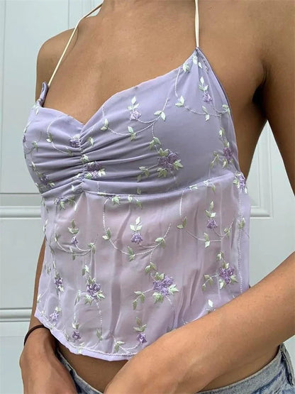 Backless Floral Vintage Halter Tie Up Off Shoulder Camisole Cute Mini Streetwear Crop Top