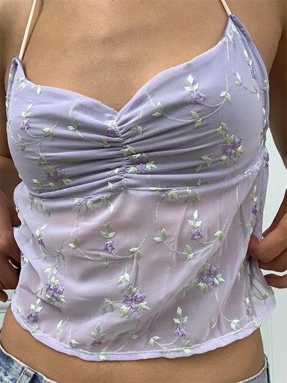 Backless Floral Vintage Halter Tie Up Off Shoulder Camisole Cute Mini Streetwear Crop Top