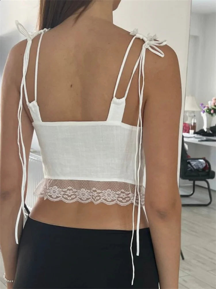 Women Y2K Sleeveless Spaghetti Strap Top Lace Patchwork Front Tie-up Summer Mini Vest Streetwear 2024 Crop Top