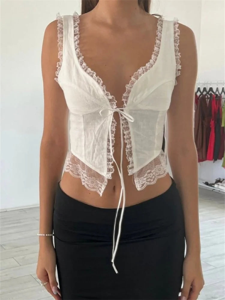 Women Y2K Sleeveless Spaghetti Strap Top Lace Patchwork Front Tie-up Summer Mini Vest Streetwear 2024 Crop Top