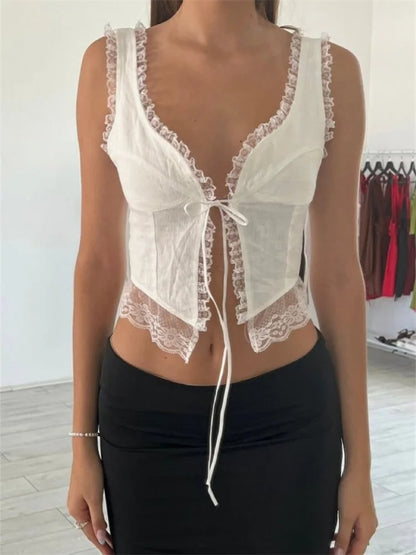 Women Y2K Sleeveless Spaghetti Strap Top Lace Patchwork Front Tie-up Summer Mini Vest Streetwear 2024 Crop Top
