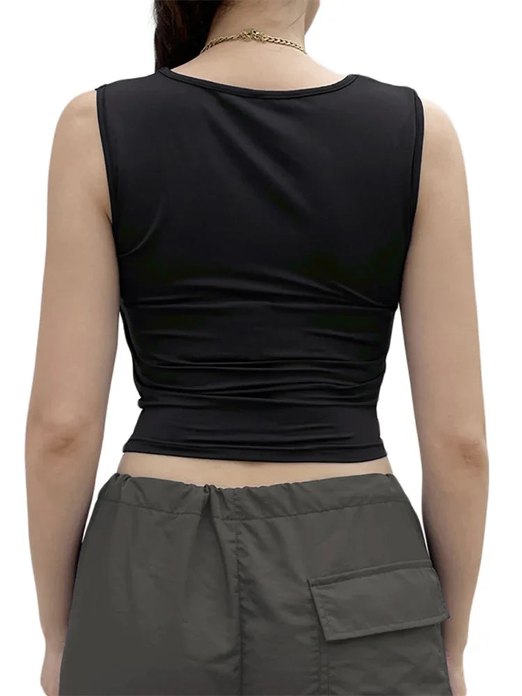 Y2K Women Summer Vest Square Neck Sleeveless Solid Slim Fit Cropped Black Vintage Clothes 2024 Crop Top