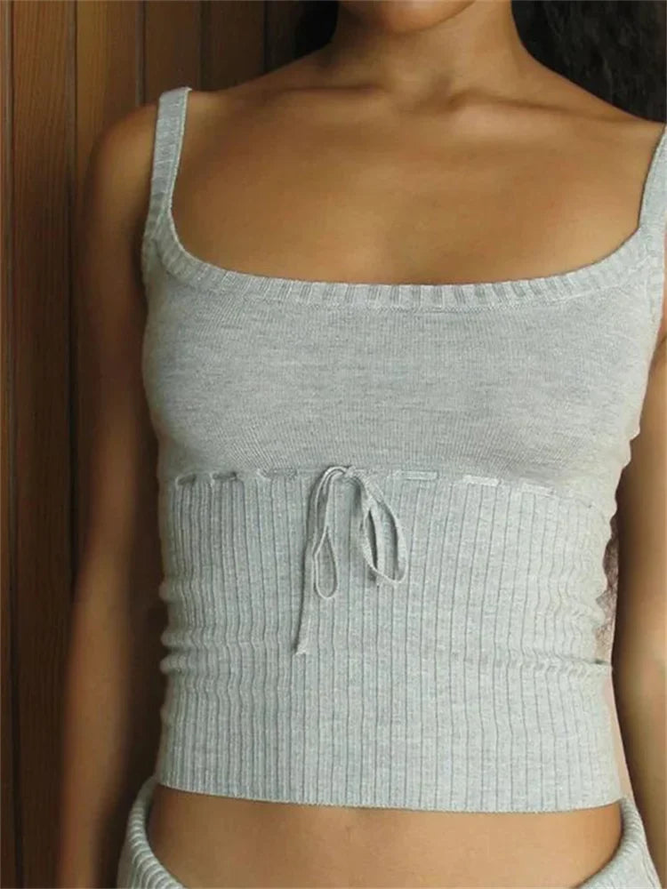Y2K Vintage Backless Slim Fit Chic Bow Tie Up Knitted Adjustable Strap Retro Vest Clubwear 2024 Crop Top