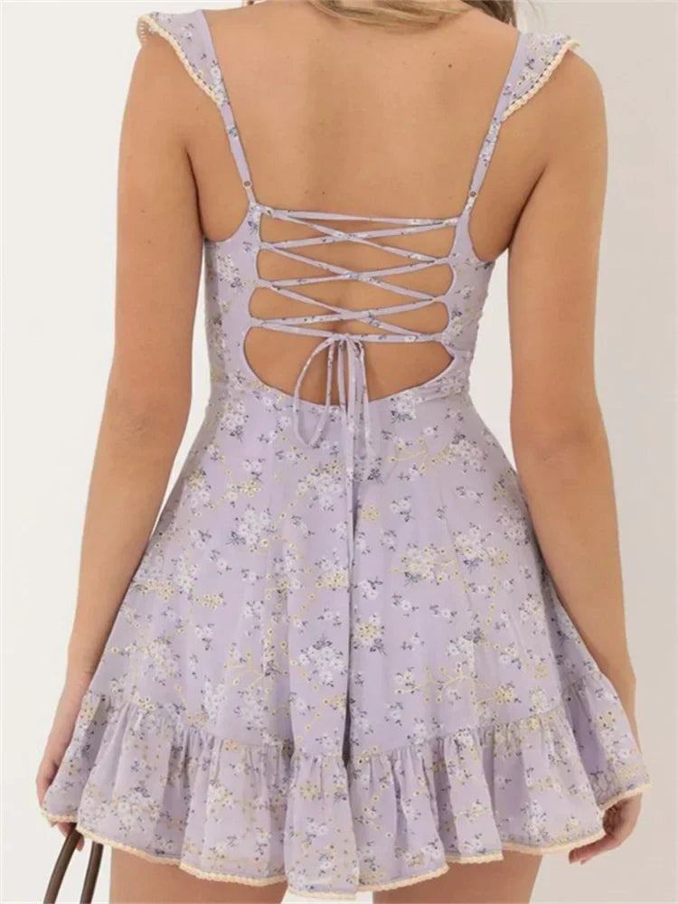 Ditsy Floral Print Criss Cross Tie Front Ruffle Strap Flounce Hem Mini Dress