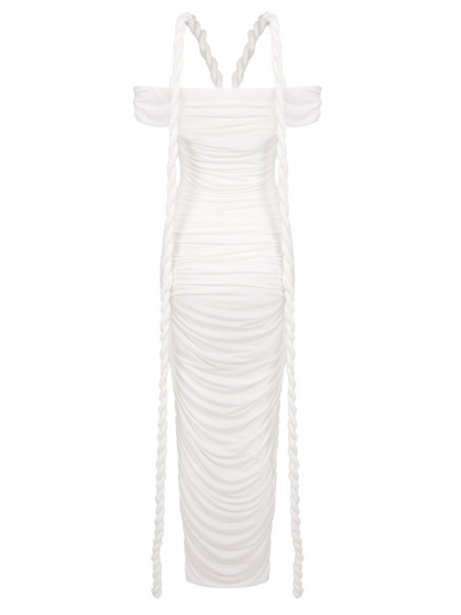 Off Shoulder Twisted Halter Strap Ruched Center Sash Midi Dress