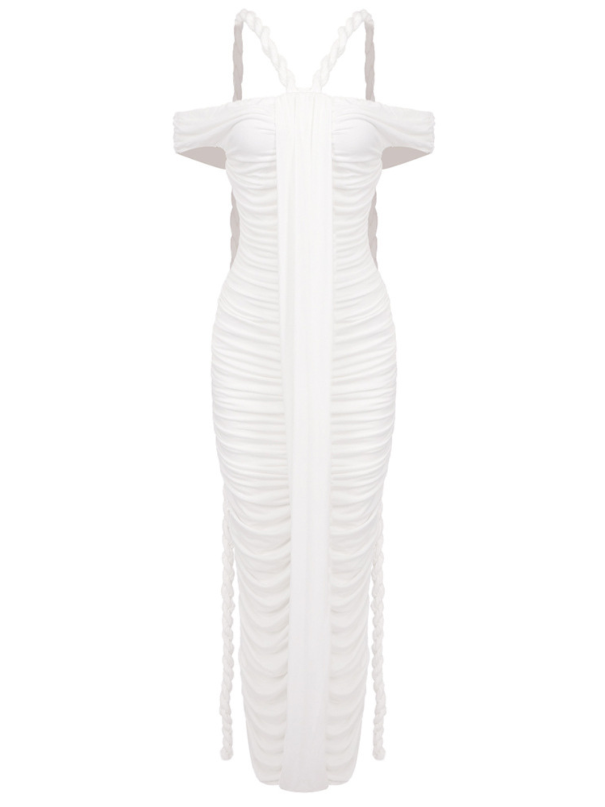 Off Shoulder Twisted Halter Strap Ruched Center Sash Midi Dress