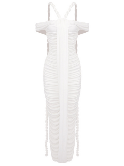 Off Shoulder Twisted Halter Strap Ruched Center Sash Midi Dress