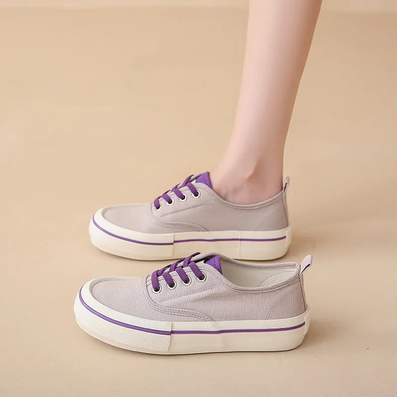 Canvas Lace Up Shallow Casual Shoes Round Toe SSolid Color Comfort Runner Outsole Sweet Novelit Shoes For Women Concise Fashi