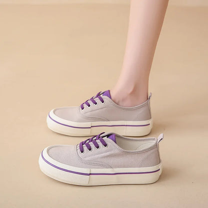Canvas Lace Up Shallow Casual Shoes Round Toe SSolid Color Comfort Runner Outsole Sweet Novelit Shoes For Women Concise Fashi
