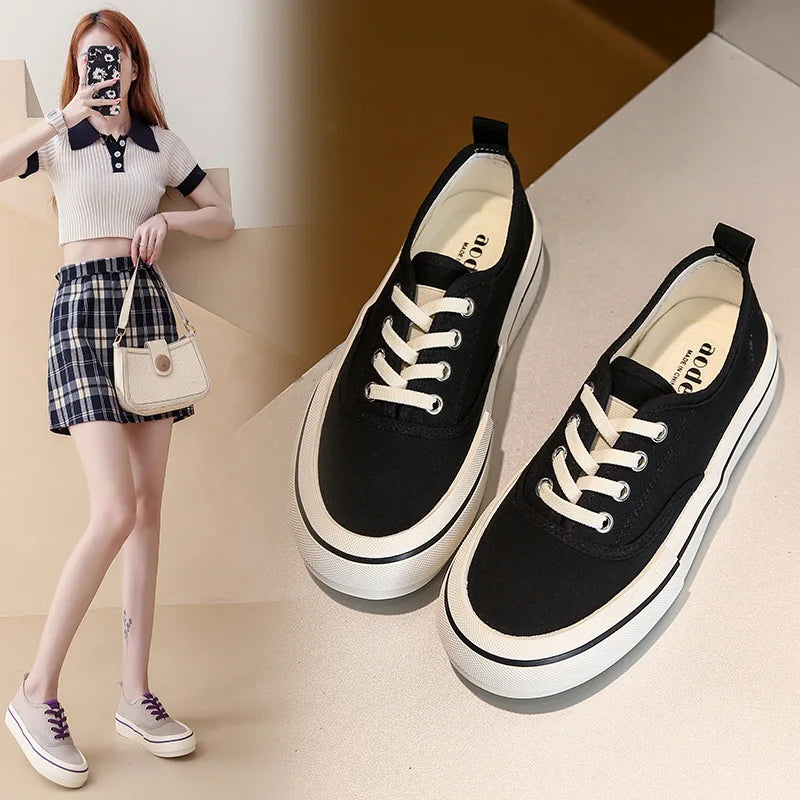 Canvas Lace Up Shallow Casual Shoes Round Toe SSolid Color Comfort Runner Outsole Sweet Novelit Shoes For Women Concise Fashi