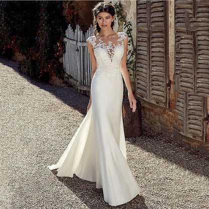 Illusion Neckline Lace Applique Mermaid Cap Sleeve Floor Length Gown