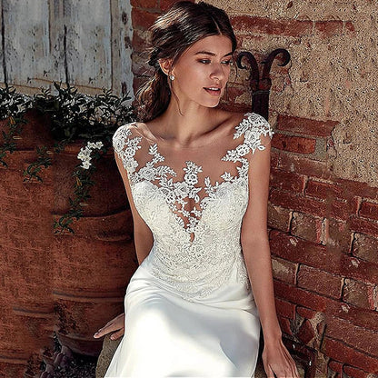 Illusion Neckline Lace Applique Mermaid Cap Sleeve Floor Length Gown