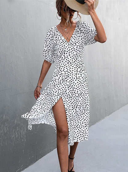 Polka Dot Wrap V-Neck Puff Sleeve Tie Waist Midi Dress