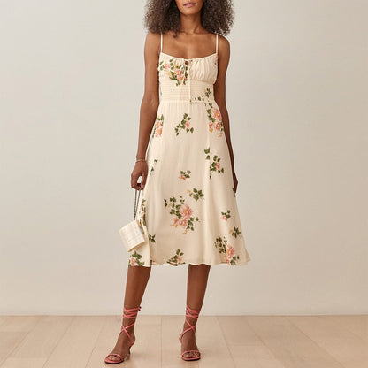 Floral Smocked Waist Tie Neck Spaghetti Strap Midi Dress
