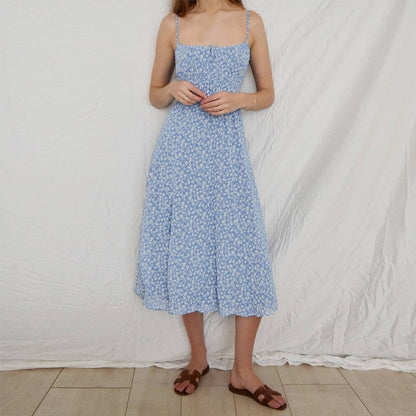 Floral Smocked Waist Tie Neck Spaghetti Strap Midi Dress