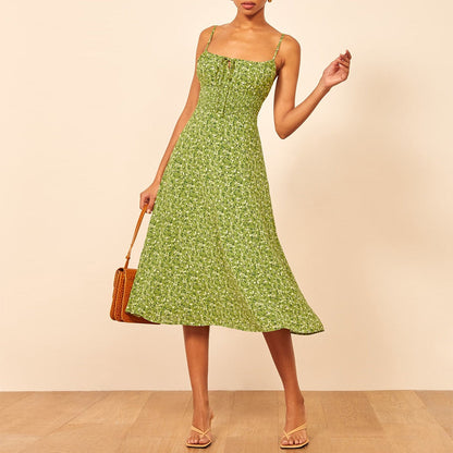 Floral Smocked Waist Tie Neck Spaghetti Strap Midi Dress