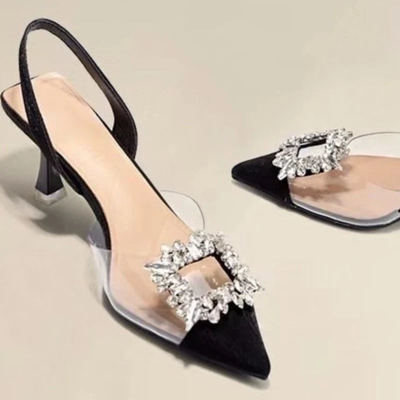 Classic Square Rhinestone Summer Pointed Slingback Simple Elegant Low Heel Pumps