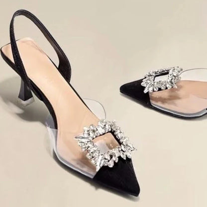 Classic Square Rhinestone Summer Pointed Slingback Simple Elegant Low Heel Pumps