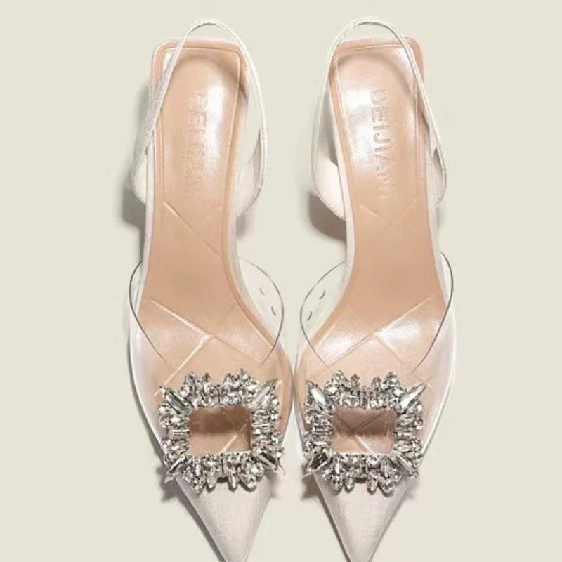 Classic Square Rhinestone Summer Pointed Slingback Simple Elegant Low Heel Pumps
