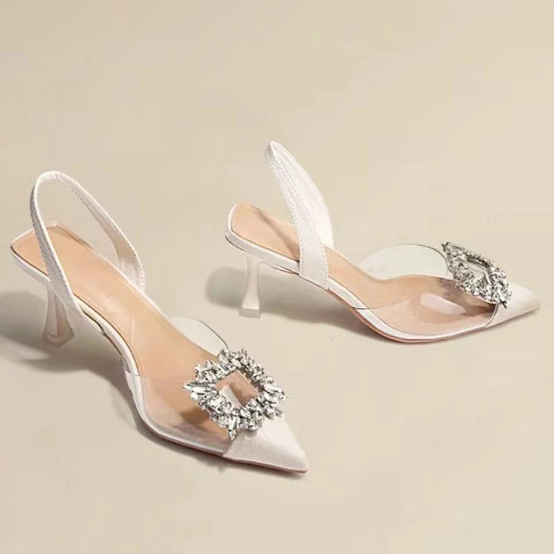 Classic Square Rhinestone Summer Pointed Slingback Simple Elegant Low Heel Pumps