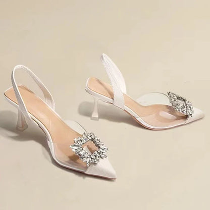 Classic Square Rhinestone Summer Pointed Slingback Simple Elegant Low Heel Pumps