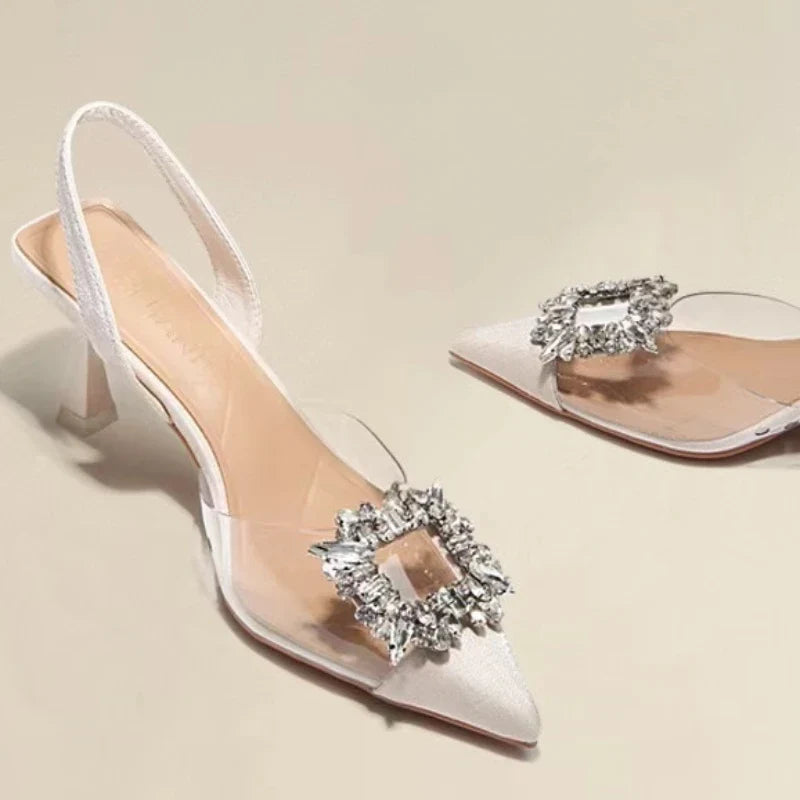 Classic Square Rhinestone Summer Pointed Slingback Simple Elegant Low Heel Pumps