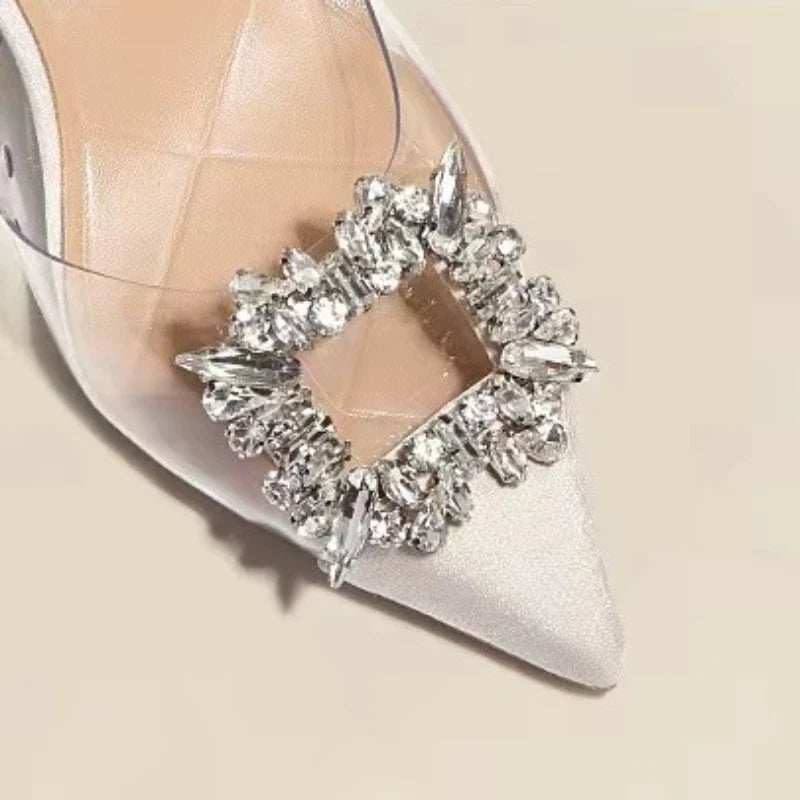 Classic Square Rhinestone Summer Pointed Slingback Simple Elegant Low Heel Pumps