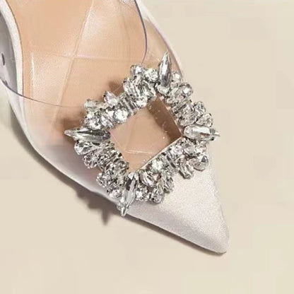 Classic Square Rhinestone Summer Pointed Slingback Simple Elegant Low Heel Pumps