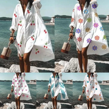 Color Flowers Printed Shirts Dresses Women Fashion Temperament Commuting Loose Midi Shirts Dress Lady Vestidos Spring Summer New