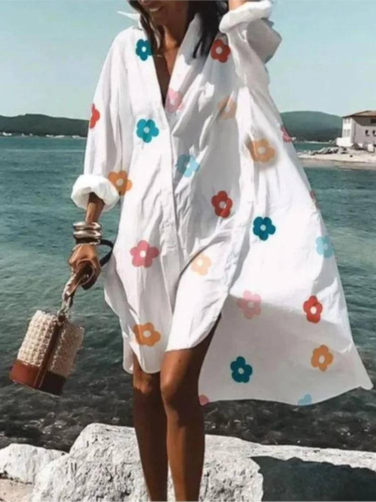 Color Flowers Printed Shirts Dresses Women Fashion Temperament Commuting Loose Midi Shirts Dress Lady Vestidos Spring Summer New
