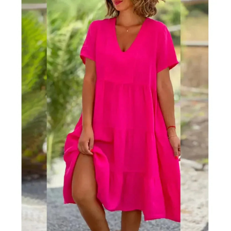 V-Neck Short Sleeve Tiered Swing Midi Dress