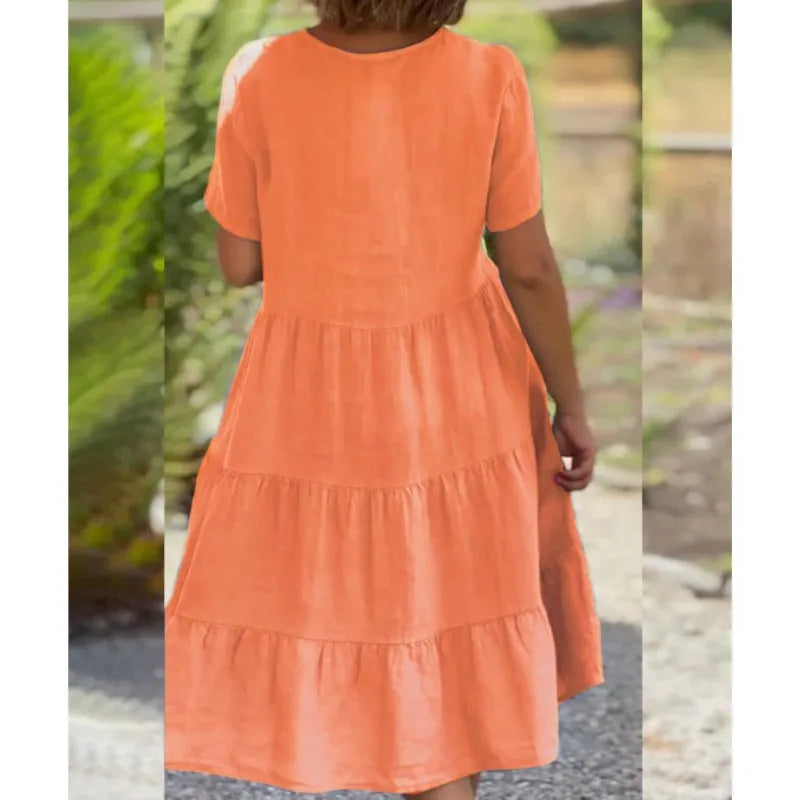 V-Neck Short Sleeve Tiered Swing Midi Dress