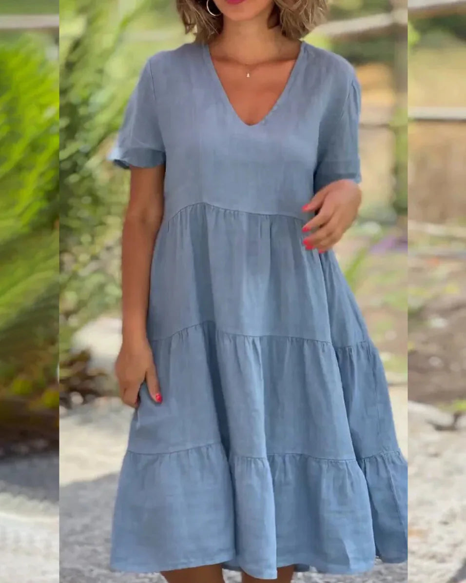 V-Neck Short Sleeve Tiered Smock Midi Dress