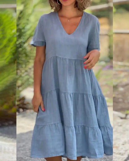 V-Neck Short Sleeve Tiered Smock Midi Dress