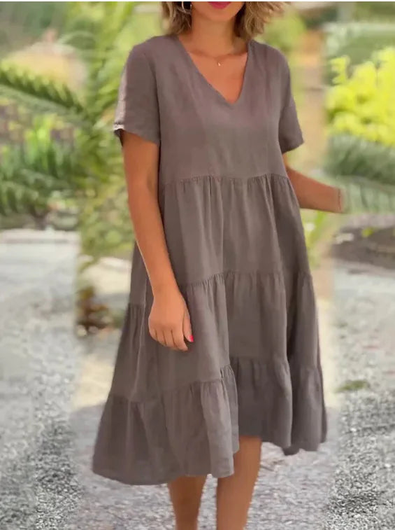 V-Neck Short Sleeve Tiered Smock Midi Dress