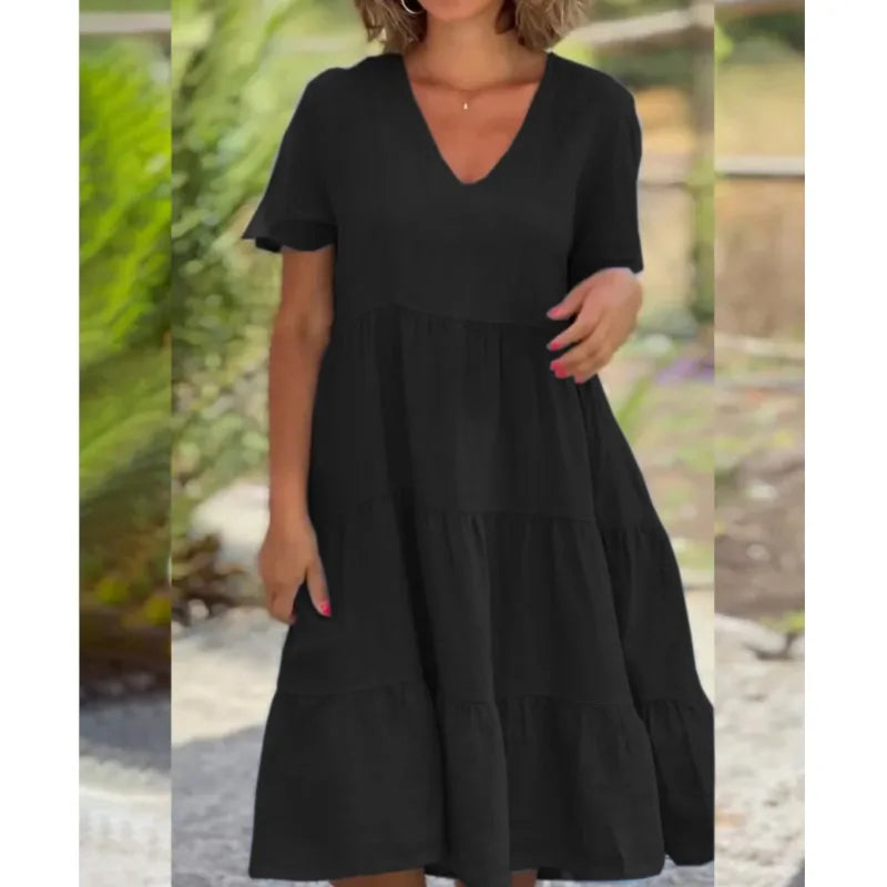 V-Neck Short Sleeve Tiered Swing Midi Dress
