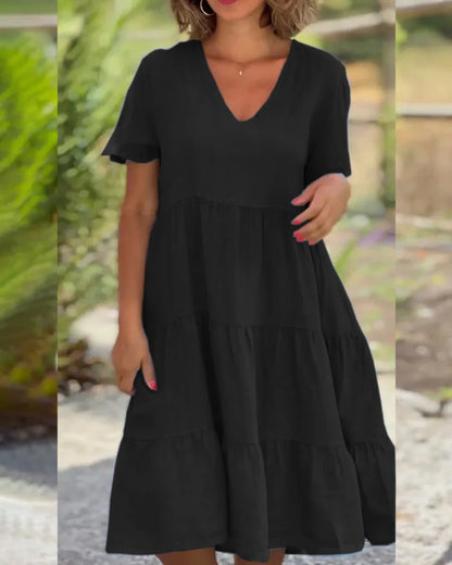 V-Neck Short Sleeve Tiered Swing Midi Dress