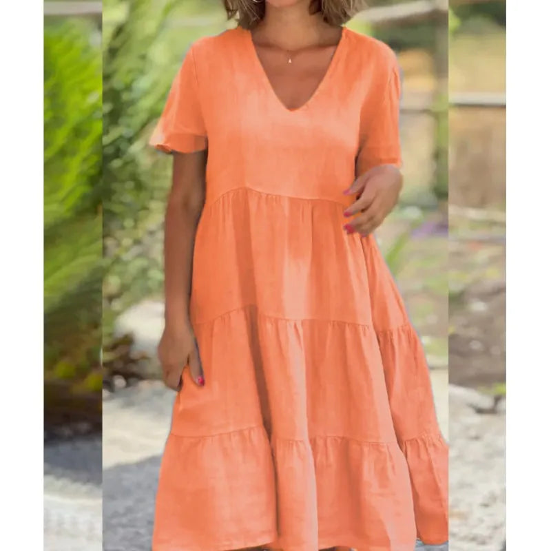 V-Neck Short Sleeve Tiered Swing Midi Dress