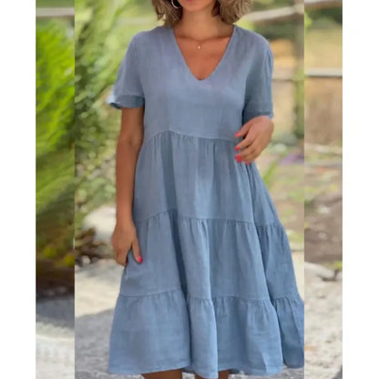 V-Neck Short Sleeve Tiered Swing Midi Dress