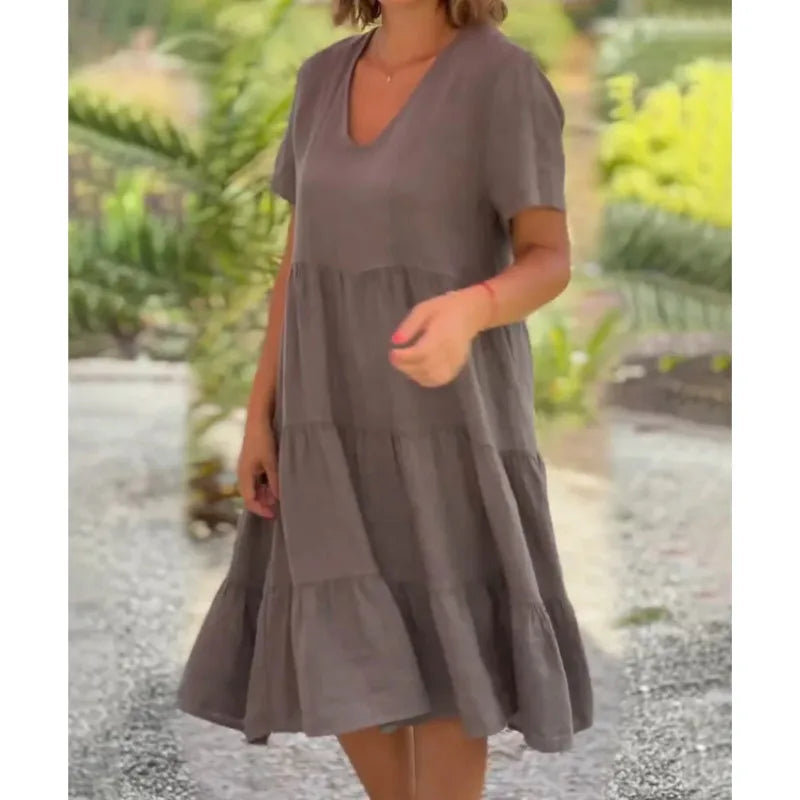 V-Neck Short Sleeve Tiered Smock Midi Dress