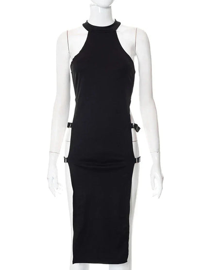 Mock Neck Side Cutout Buckle Strap Qipao Style Midi Dress