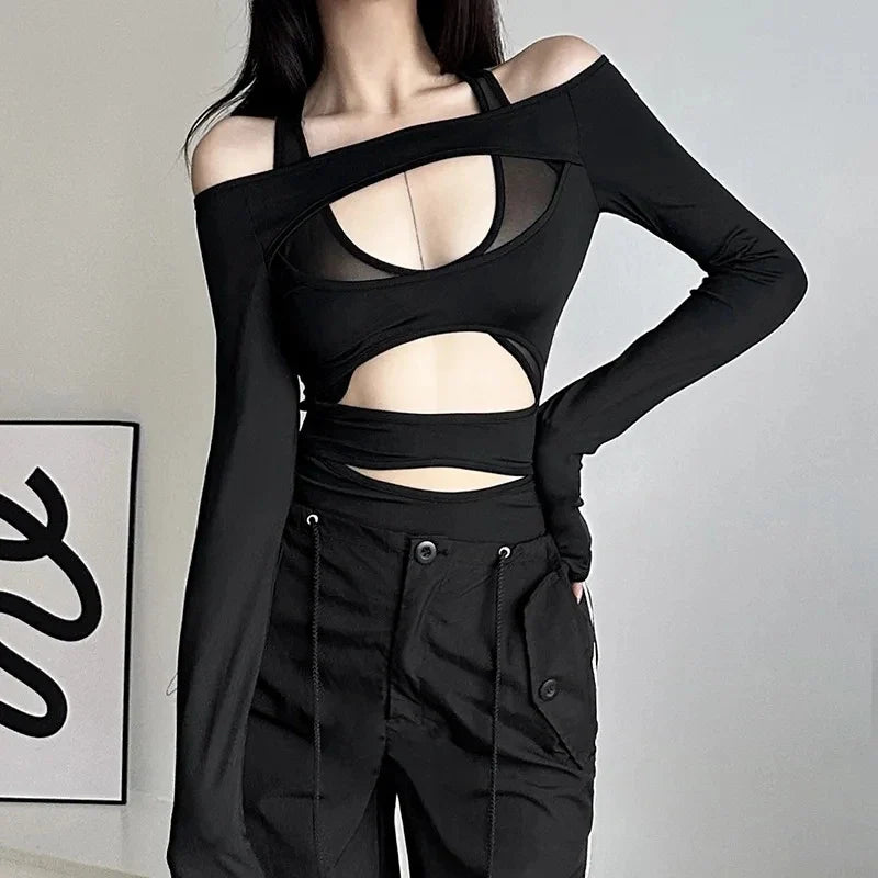 Cyber Punk Hollow Out Mall Gothic Bodycon Mesh Sheer Patchwork Crop Top
